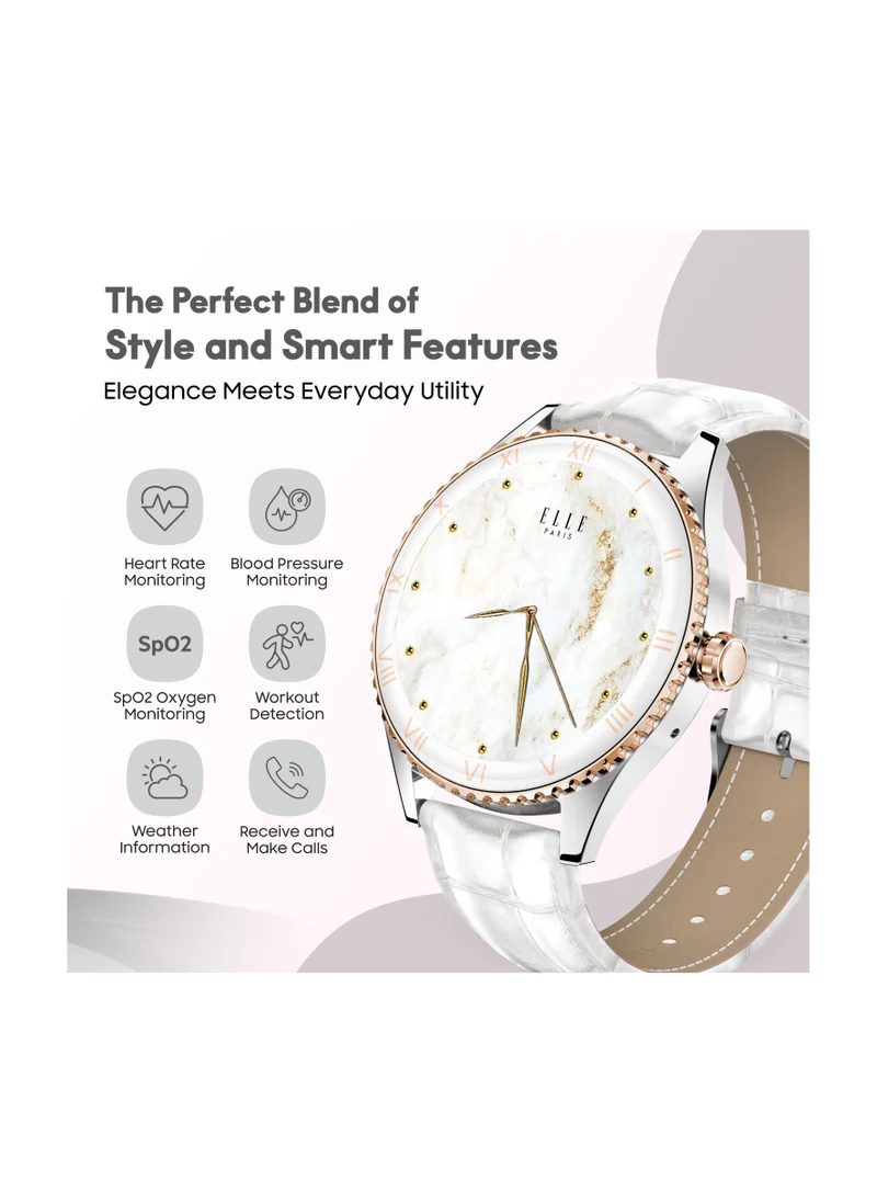 ELLE Elle Soleil Women’s Smartwatch 1.19'' AMOLED, Bluetooth Calling, Multilingual, Wireless Charging, Fitness Tracking, IP68, iOS/Android Compatible, Silver Frame & White Leather Starp + 2 Premium Straps