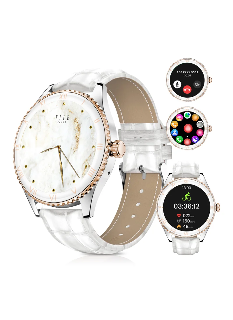 ELLE Elle Soleil Women’s Smartwatch 1.19'' AMOLED, Bluetooth Calling, Multilingual, Wireless Charging, Fitness Tracking, IP68, iOS/Android Compatible, Silver Frame & White Leather Starp + 2 Premium Straps