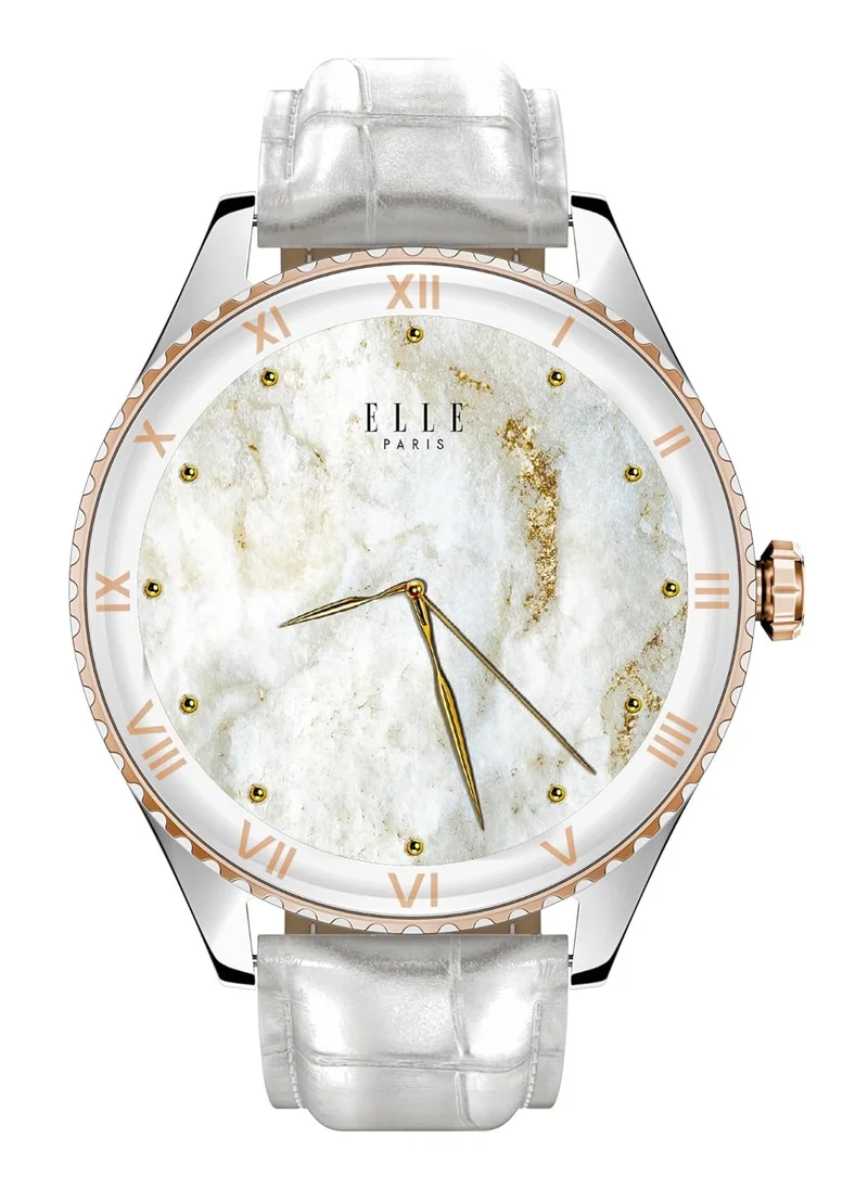 ELLE Elle Soleil Women’s Smartwatch 1.19'' AMOLED, Bluetooth Calling, Multilingual, Wireless Charging, Fitness Tracking, IP68, iOS/Android Compatible, Silver Frame & White Leather Starp + 2 Premium Straps