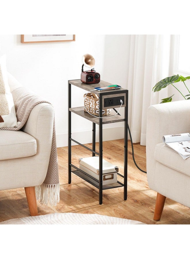 HOOBRO Small Narrow Side Table with Charging Station, Skinny End Table for Small Spaces, Slim Nightstand with USB Ports Outlet, Sofa Beside Table with Storage Shelf, Greige and Black BG102UBZ01 - Image 2