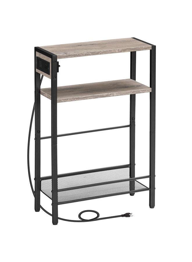HOOBRO Small Narrow Side Table with Charging Station, Skinny End Table for Small Spaces, Slim Nightstand with USB Ports Outlet, Sofa Beside Table with Storage Shelf, Greige and Black BG102UBZ01 - Image 1
