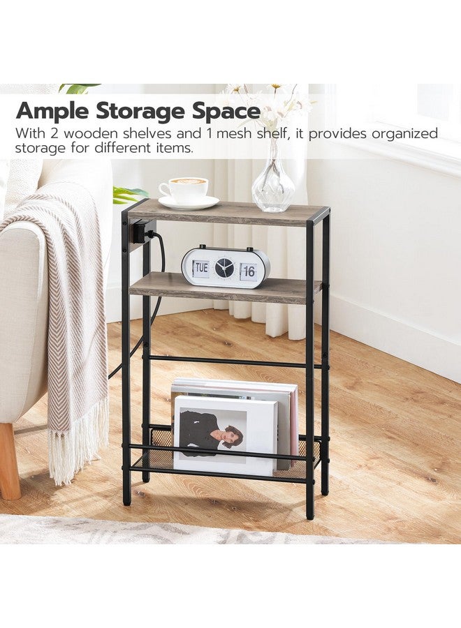 HOOBRO Small Narrow Side Table with Charging Station, Skinny End Table for Small Spaces, Slim Nightstand with USB Ports Outlet, Sofa Beside Table with Storage Shelf, Greige and Black BG102UBZ01 - Image 4