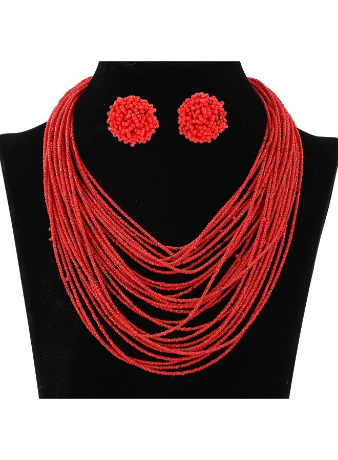 NIBEMINENT Bohemian Multi-Layer Rice Pearl Necklace and Earring Set