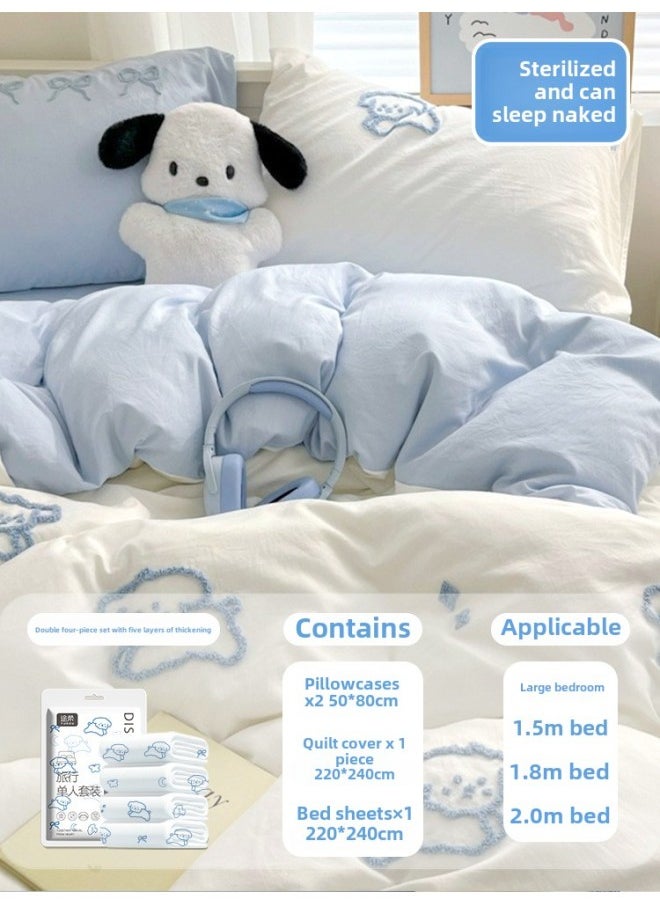 Generic Portable Bed Sheet Quilt Cover Pillowcase Bed Four-piece Set Thickened Double Travel Hotel Sleeper Non-pure Cotton Disposable-Color:[double Four-piece Set 2 Sets⭐】✅0 Sensitive And Non-irritating-Specifications:Default Items  - Image 1