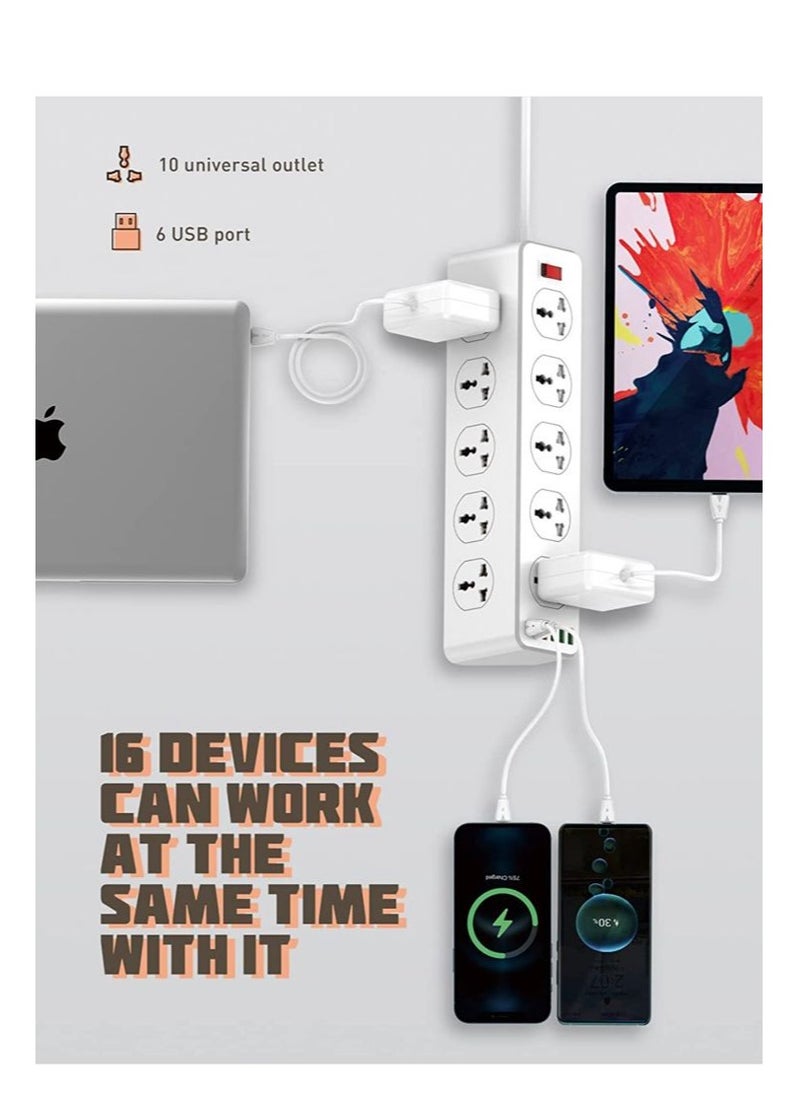 Generic Power strip with 10-Outlet Surge protector power sockets 6 USB Ports 32W PD+QC Fast charging adapter sockets 2-meter heavy-duty power Extension Cord  - Image 3