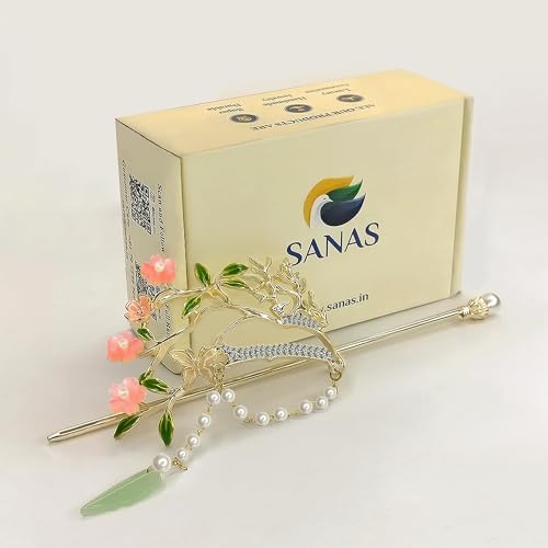 Sanas Metal Hair Slide Stick Hairpin (1Pc) Tree Design Tassel and Flower Hair Clip for Ponytail Elegant Hair Buns Accessory for Women and Girls (1Pc) (Golden) - Image 1