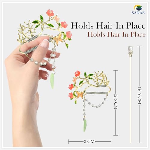 Sanas Metal Hair Slide Stick Hairpin (1Pc) Tree Design Tassel and Flower Hair Clip for Ponytail Elegant Hair Buns Accessory for Women and Girls (1Pc) (Golden) - Image 2