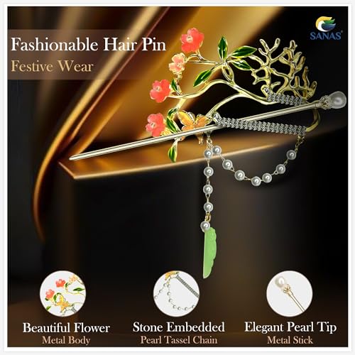 Sanas Metal Hair Slide Stick Hairpin (1Pc) Tree Design Tassel and Flower Hair Clip for Ponytail Elegant Hair Buns Accessory for Women and Girls (1Pc) (Golden) - Image 3