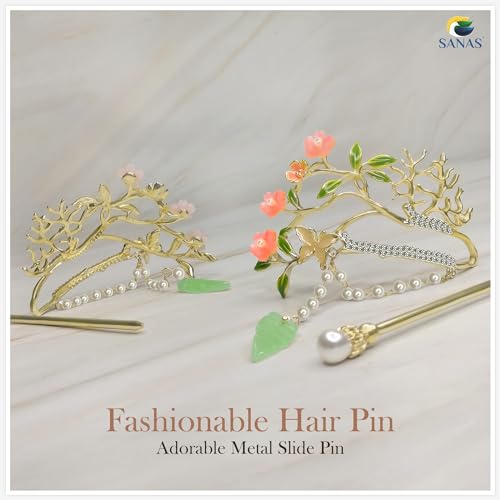 Sanas Metal Hair Slide Stick Hairpin (1Pc) Tree Design Tassel and Flower Hair Clip for Ponytail Elegant Hair Buns Accessory for Women and Girls (1Pc) (Golden) - Image 4