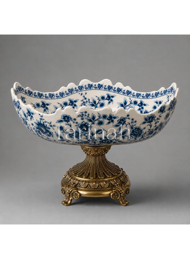 Blue & White Floral Crackle-Glaze Porcelain Centerpiece Bowl with Ornate Gold Pedestal Base - Image 2