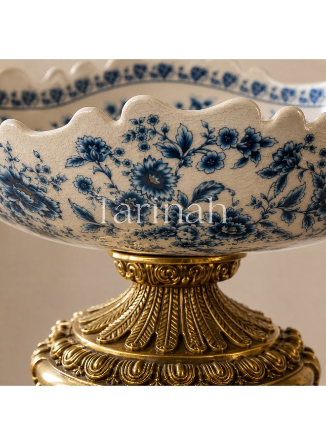 Blue & White Floral Crackle-Glaze Porcelain Centerpiece Bowl with Ornate Gold Pedestal Base - Image 3