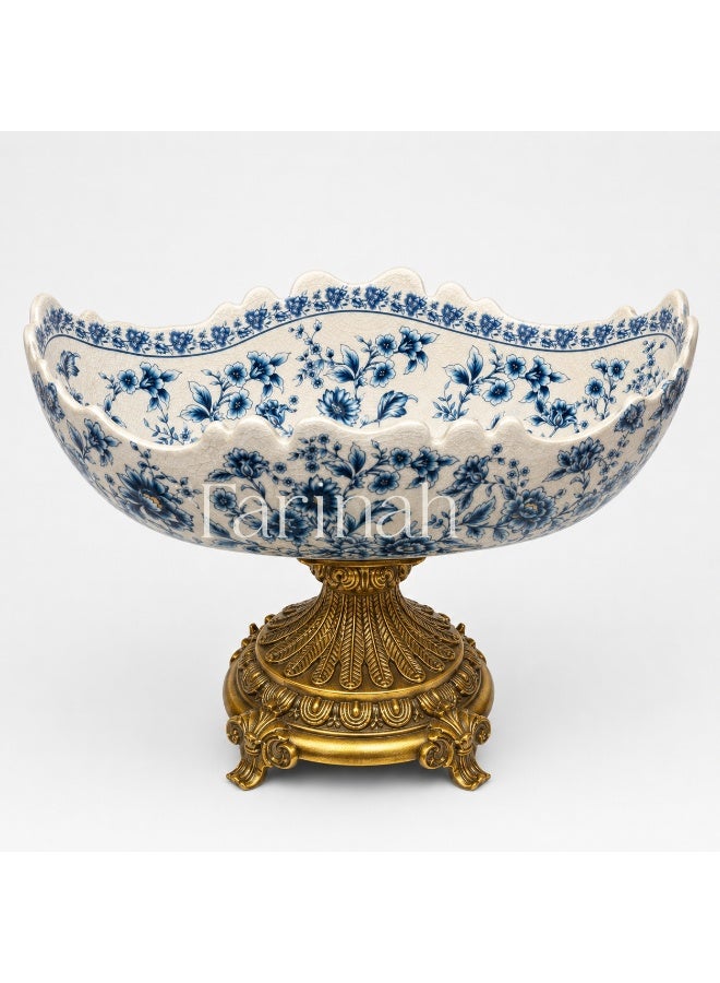 Blue & White Floral Crackle-Glaze Porcelain Centerpiece Bowl with Ornate Gold Pedestal Base - Image 1