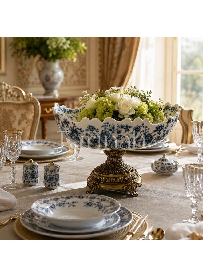 Blue & White Floral Crackle-Glaze Porcelain Centerpiece Bowl with Ornate Gold Pedestal Base - Image 5