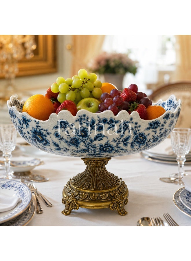 Blue & White Floral Crackle-Glaze Porcelain Centerpiece Bowl with Ornate Gold Pedestal Base - Image 4