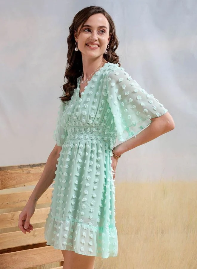 Freehand  Women Fit and Flared Textured V-Neck Short Sleeve Mini Dress for Women | Best Price UAE