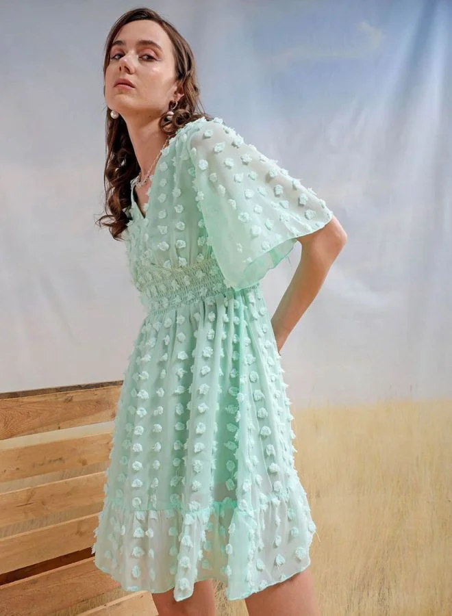 Freehand  Women Fit and Flared Textured V-Neck Short Sleeve Mini Dress for Women | Best Price UAE