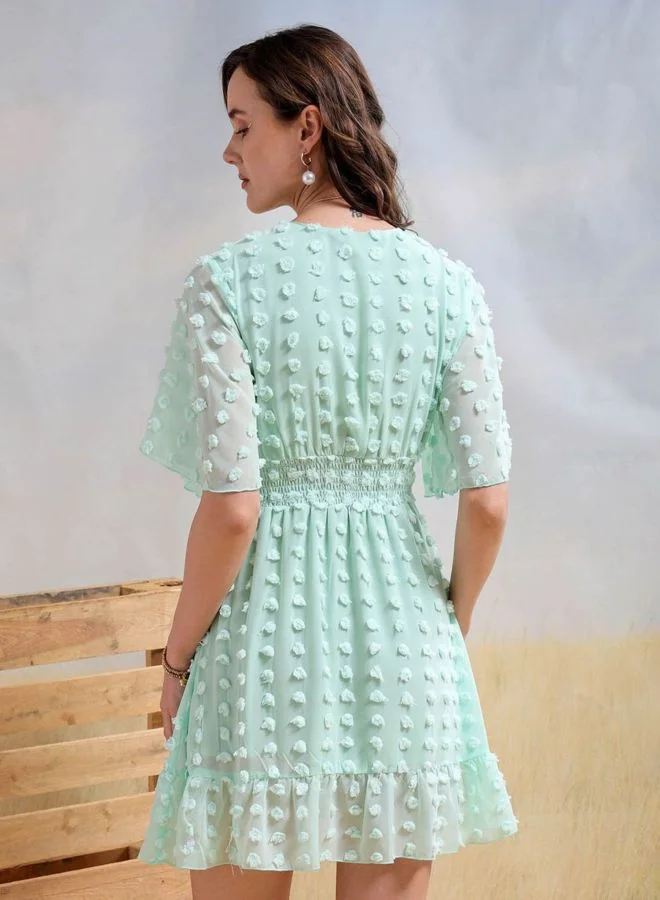 Freehand  Women Fit and Flared Textured V-Neck Short Sleeve Mini Dress for Women | Best Price UAE