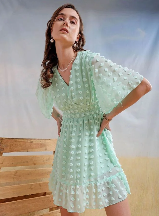 Women Fit and Flared Textured V-Neck Short Sleeve Mini Dress