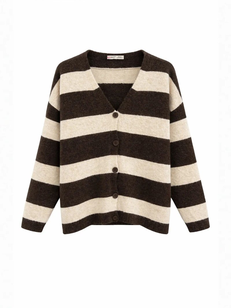 MixRay Striped V-Neck Button-Front Knit Cardigan - Image 1