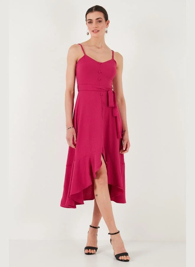 ليلا فستان ميدي نسائي بتفاصيل حزام وزر وكشكش بقصة عادية