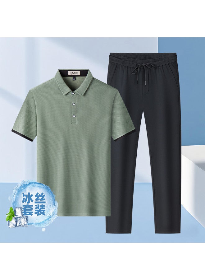 Tucano 2-piece Set】7a Anti-bacterial Short-sleeve Polo Shirt + Chilled Silk Casual Trousers - Dad's Outfit Men's Suit - Image 2