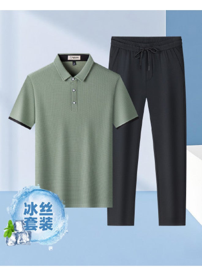 Tucano 2-piece Set】7a Anti-bacterial Short-sleeve Polo Shirt + Chilled Silk Casual Trousers - Dad's Outfit Men's Suit - Image 1