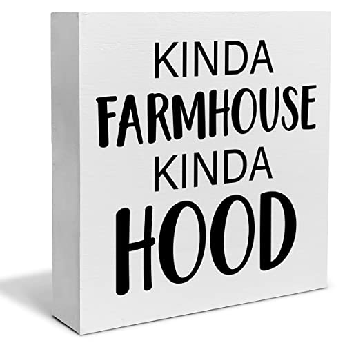 PIXCEOS Home Decorative Wooden Box Sign Kinda Farmhouse Kinda Hood Wood Block Plaque Decor Modern Shelf or Wall Display for Living Room Bedroom - Image 1