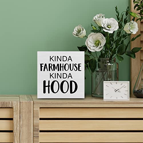 PIXCEOS Home Decorative Wooden Box Sign Kinda Farmhouse Kinda Hood Wood Block Plaque Decor Modern Shelf or Wall Display for Living Room Bedroom - Image 4