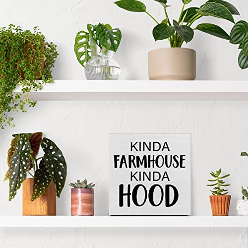 PIXCEOS Home Decorative Wooden Box Sign Kinda Farmhouse Kinda Hood Wood Block Plaque Decor Modern Shelf or Wall Display for Living Room Bedroom - Image 5