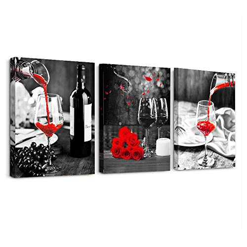 TTHYUEWS Kitchen Wall Art For Dining Room Wall Decor Still Life Black And White Canvas Art Prints Wine Barrel Bar Red Rose Painting Modern Family Wall Decorations Restaurant Bedroom Decor Artwork 3 Piece Set - Image 1