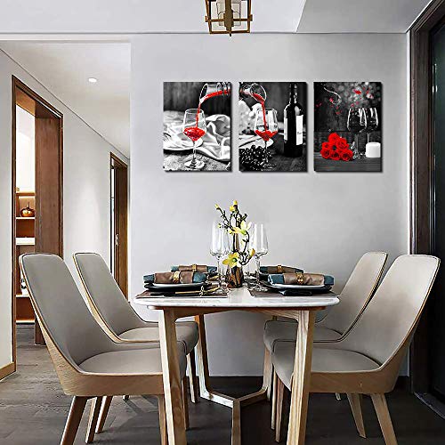 TTHYUEWS Kitchen Wall Art For Dining Room Wall Decor Still Life Black And White Canvas Art Prints Wine Barrel Bar Red Rose Painting Modern Family Wall Decorations Restaurant Bedroom Decor Artwork 3 Piece Set - Image 3