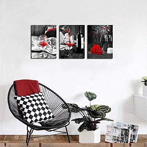 TTHYUEWS Kitchen Wall Art For Dining Room Wall Decor Still Life Black And White Canvas Art Prints Wine Barrel Bar Red Rose Painting Modern Family Wall Decorations Restaurant Bedroom Decor Artwork 3 Piece Set - Image 2