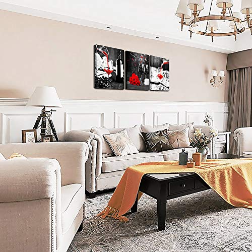 TTHYUEWS Kitchen Wall Art For Dining Room Wall Decor Still Life Black And White Canvas Art Prints Wine Barrel Bar Red Rose Painting Modern Family Wall Decorations Restaurant Bedroom Decor Artwork 3 Piece Set - Image 4