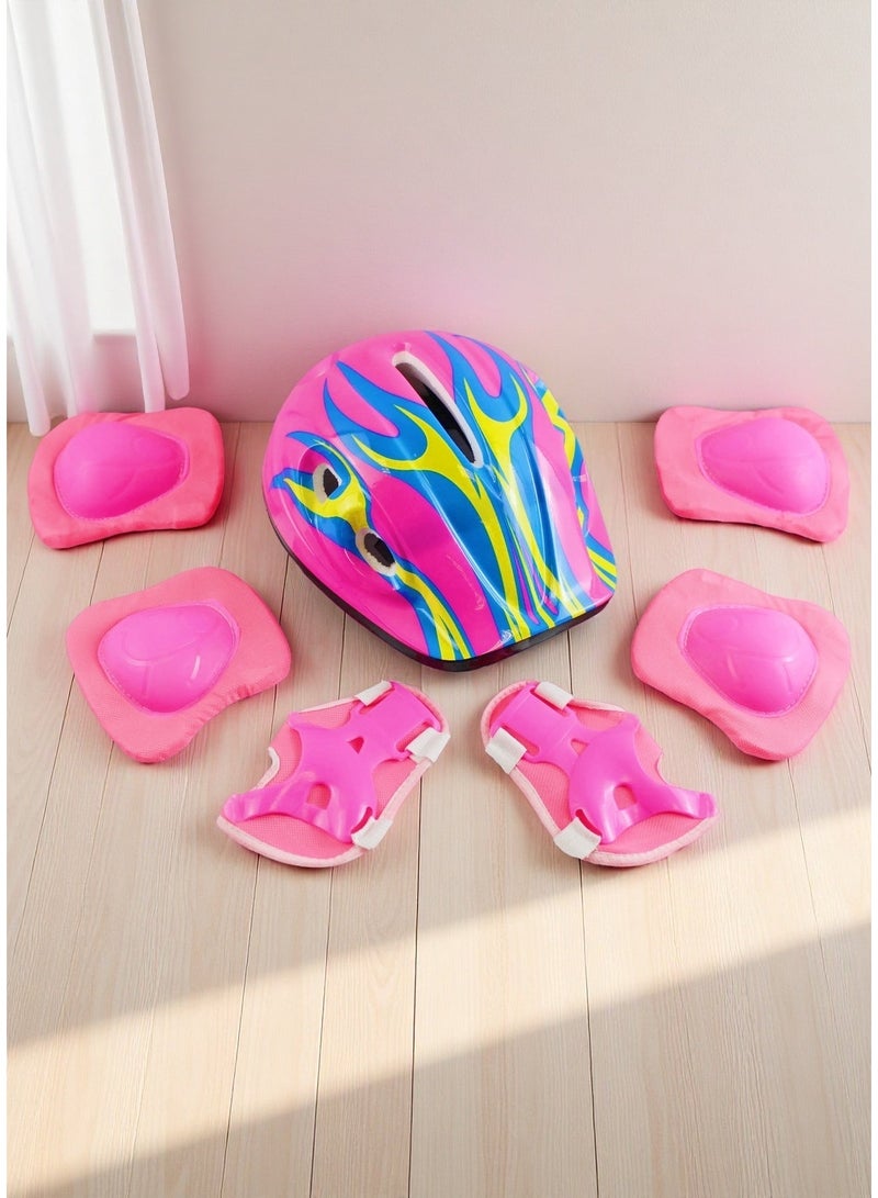 مجموعة خوذة ووسادات حماية للأطفال ٧ في ١: وسادات للركبة، ووسادات للمرفقين، وأساور حماية للمعصم للأولاد والبنات - ٣ خيارات ألوان (وردي، أحمر، أزرق) - Image 1