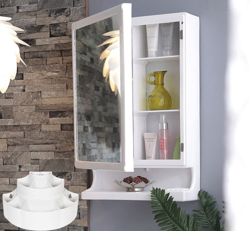 BRANCO New Look Mirror Cabinet Bathroom Mirror Cabinet Makeup Accessories Organizer Strong And Heavy Corner Cabinet With Mirror Plastic Ivory