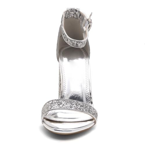 Herstyle Women’s Chunky Block Heels – Open Toe Ankle Strap Sandals, 3.75 Inch High Heels for Wedding, Party & Dressy Occasions – Comfortable Strappy Dress Shoes, SilverGlitter, Size 10.0, Rosemmina - Image 2