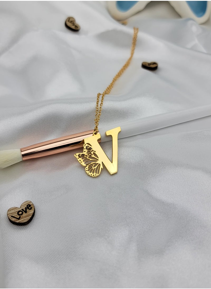 Generic - Gold Butterfly Letter V Necklace for Women 21K Gold Plated Butterfly Wing Pendant Necklace Butterfly Alphabet Charm Name Initial Necklace Adjustable Trendy Birthday Jewelry Gift for Women - Image 1