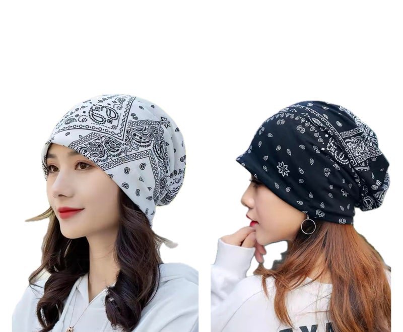 Future Tabs Baggy Slouchy Paisley Printed Bandanna for Men & Women - White & Black Combo | Aesthetic Unisex Headband | Breathable & Comfortable Cotton Bandana | Chunky Beanie Chemo Cap - Image 1