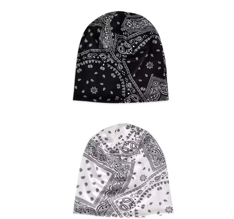 Future Tabs Baggy Slouchy Paisley Printed Bandanna for Men & Women - White & Black Combo | Aesthetic Unisex Headband | Breathable & Comfortable Cotton Bandana | Chunky Beanie Chemo Cap - Image 2