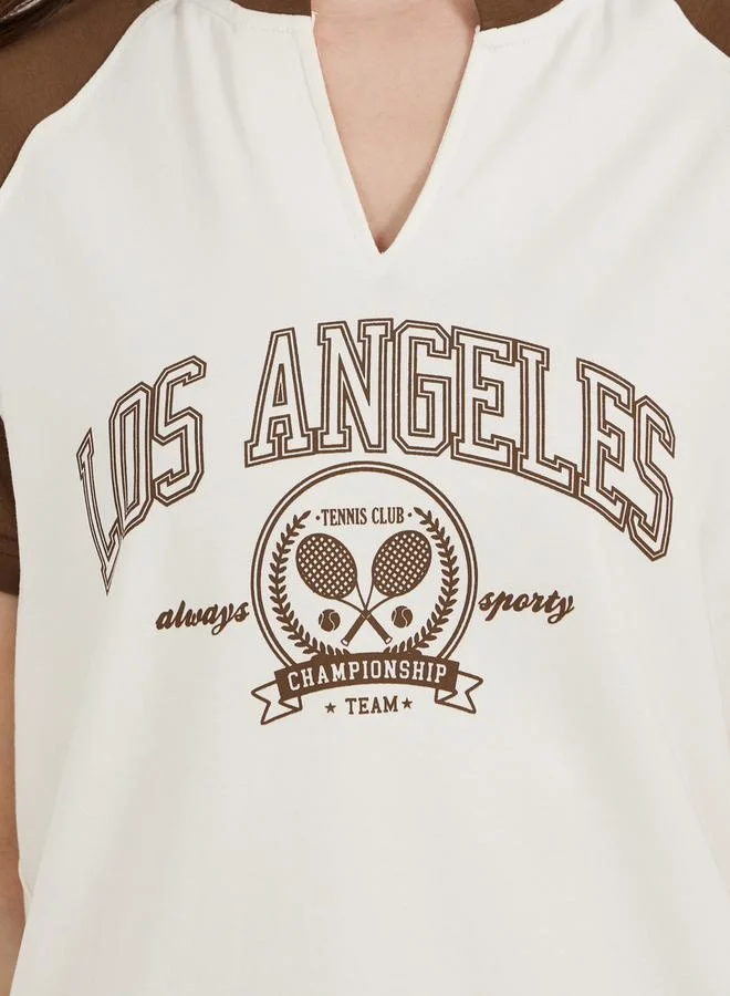 Styli Cotton Stretch Los Angeles Graphic Raglan Sleeves T-Shirt