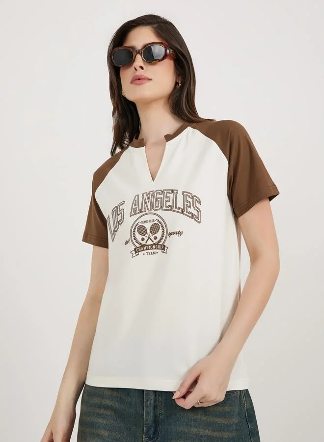 Styli Cotton Stretch Los Angeles Graphic Raglan Sleeves T-Shirt