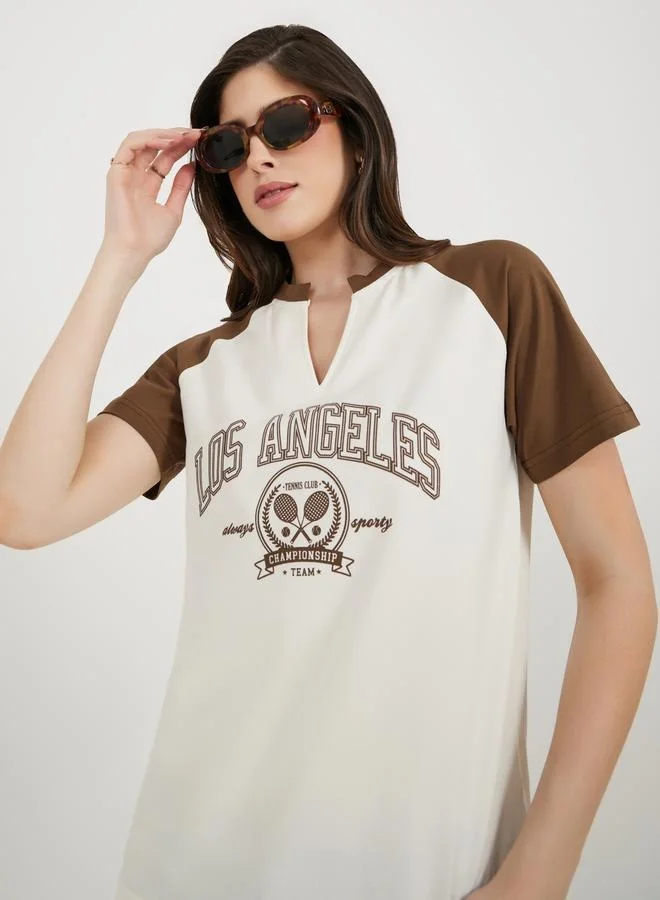 Styli Cotton Stretch Los Angeles Graphic Raglan Sleeves T-Shirt