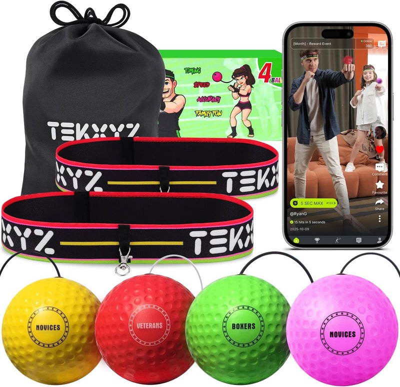 TEKXYZ ® Reflex Ball Family Pack with Counter App | Online Community for Boxing Ball, Ideal for Coordination, Punching, Stress Relief, Home Workouts & Fitness | Stocking Stuffer Gift for All Ages - Image 1
