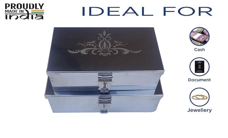 Ginoset Stainless Steel Storage BoxesCash Peti Pooja PetiOrganizer Vanity Box Safe Locker Box 8Inch 9 inch Storage Box Cash Box With Laser Print Design Small Medium - Image 2