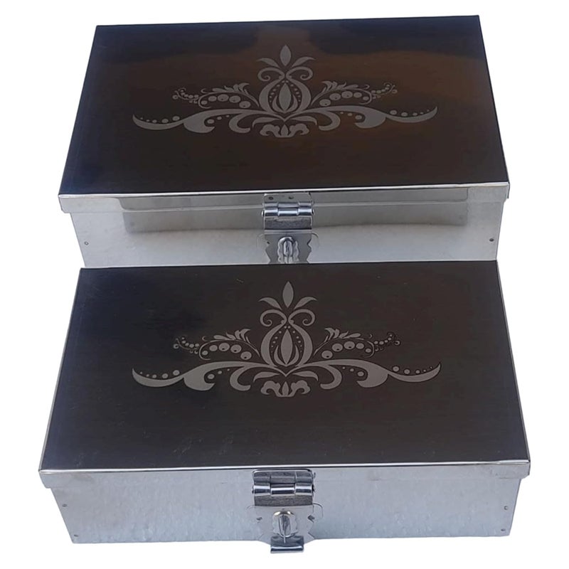 Ginoset Stainless Steel Storage BoxesCash Peti Pooja PetiOrganizer Vanity Box Safe Locker Box 8Inch 9 inch Storage Box Cash Box With Laser Print Design Small Medium - Image 1