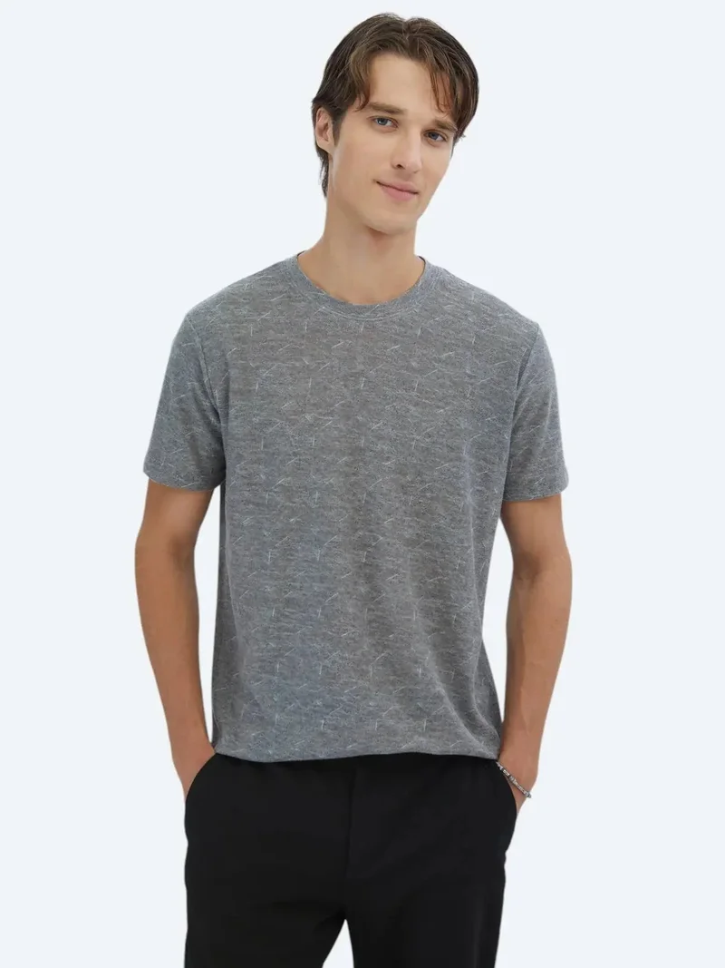 Kip Navy Blue Printed Crew Neck Cotton Blended T-Shirt