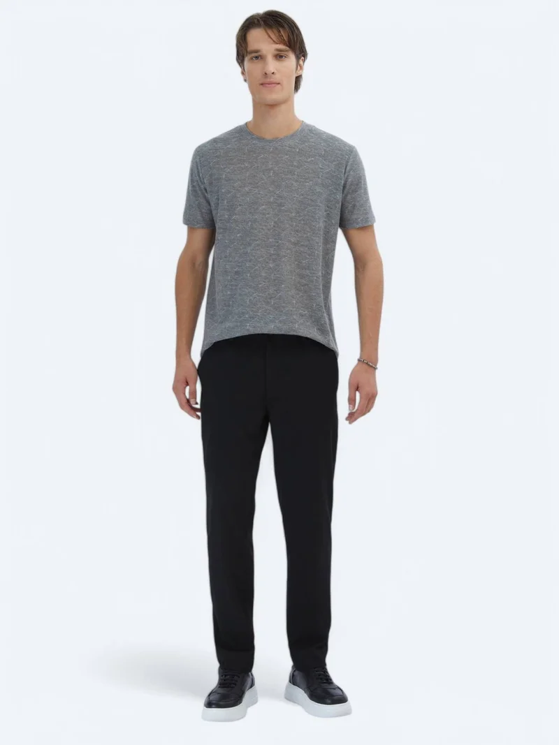 Kip Navy Blue Printed Crew Neck Cotton Blended T-Shirt