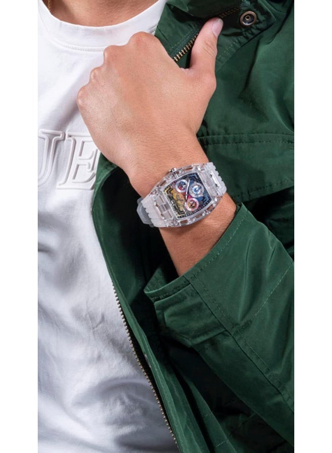 GUESS ساعة GUESS للرجال 44 مم - حزام شفاف بقرص قوس قزح وحالة شفافة - Image 2