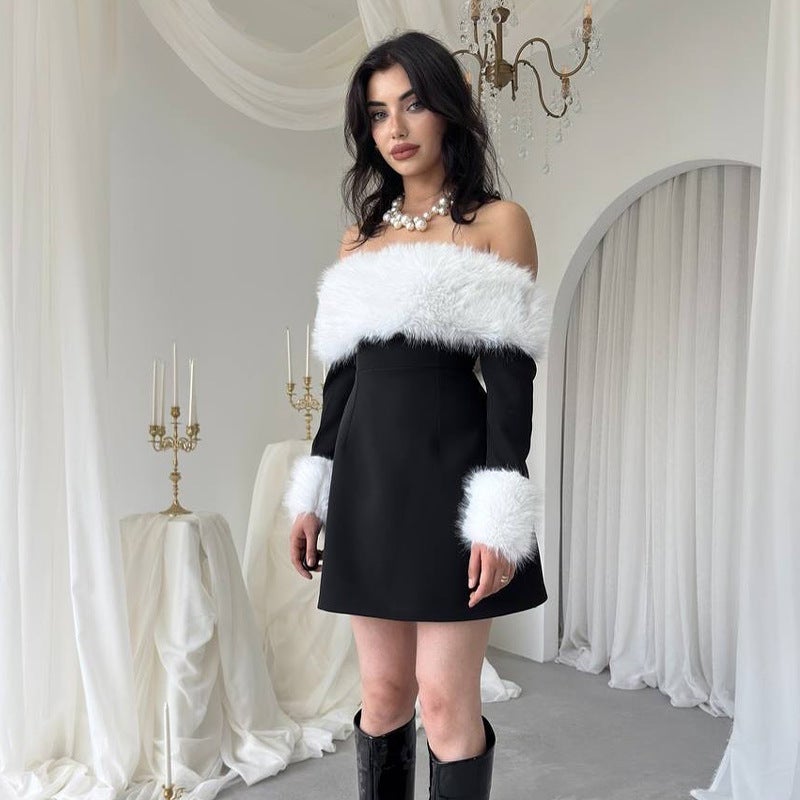 Autumn Export Women'S One-Shoulder Long-Sleeved Furry Black Dress - Image 1