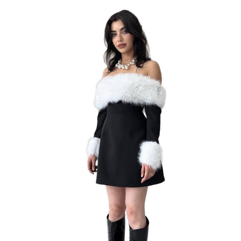 Autumn Export Women'S One-Shoulder Long-Sleeved Furry Black Dress - Image 5